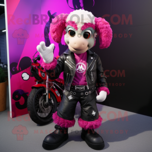 Magenta Ram mascot costume character dressed with a Biker Jacket and Belts