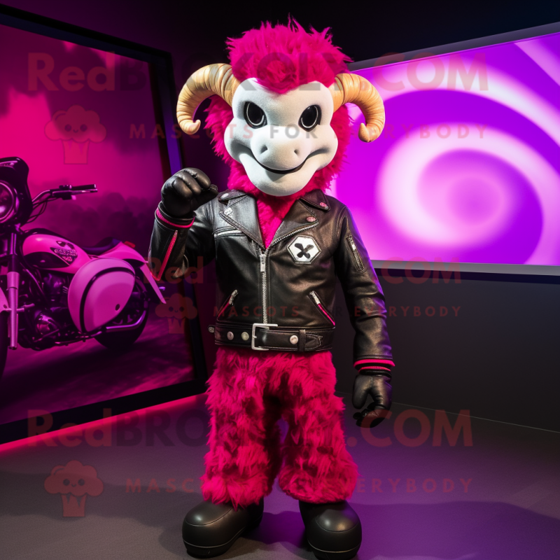 Magenta Ram mascot costume character dressed with a Biker Jacket and Belts