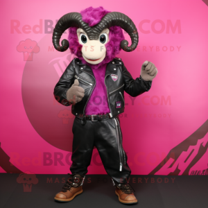 Magenta Ram mascot costume character dressed with a Biker Jacket and Belts