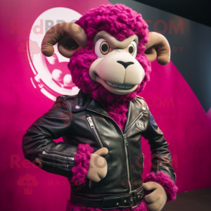 Magenta Ram mascot costume character dressed with a Biker Jacket and Belts