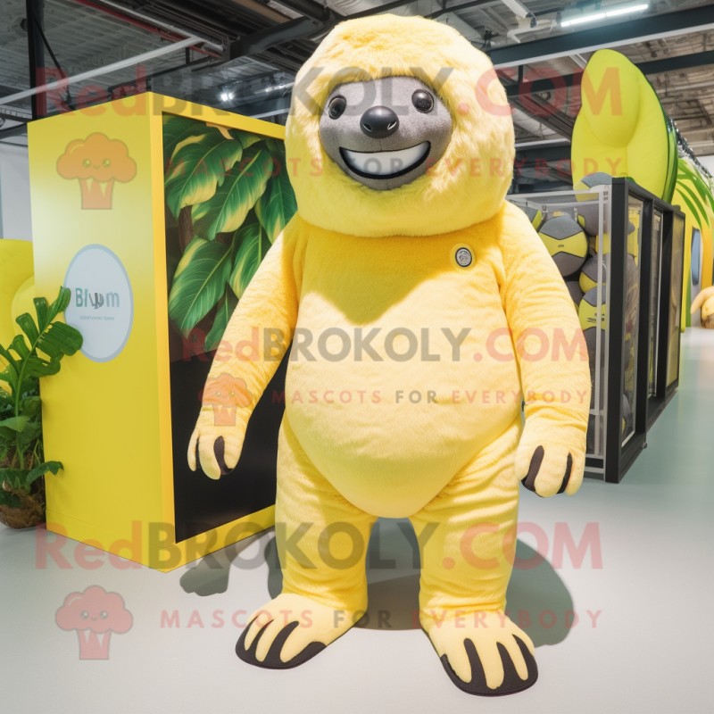 Lemon Yellow Giant Sloth mascot costume character dressed with a Romper and Clutch bags