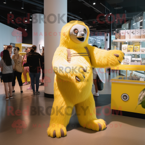 Lemon Yellow Giant Sloth mascot costume character dressed with a Romper and Clutch bags