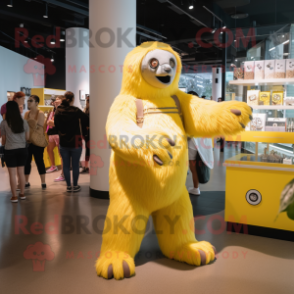 Lemon Yellow Giant Sloth mascot costume character dressed with a Romper and Clutch bags