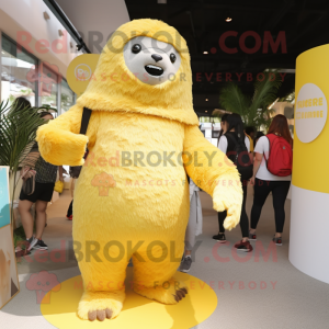 Lemon Yellow Giant Sloth mascot costume character dressed with a Romper and Clutch bags