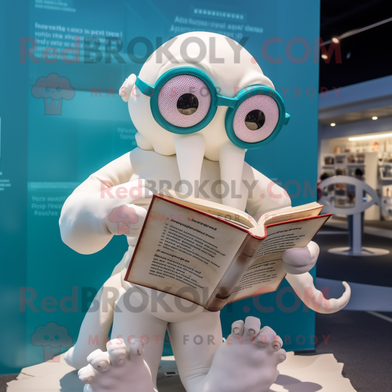 White Kraken mascot costume character dressed with a Romper and Reading glasses