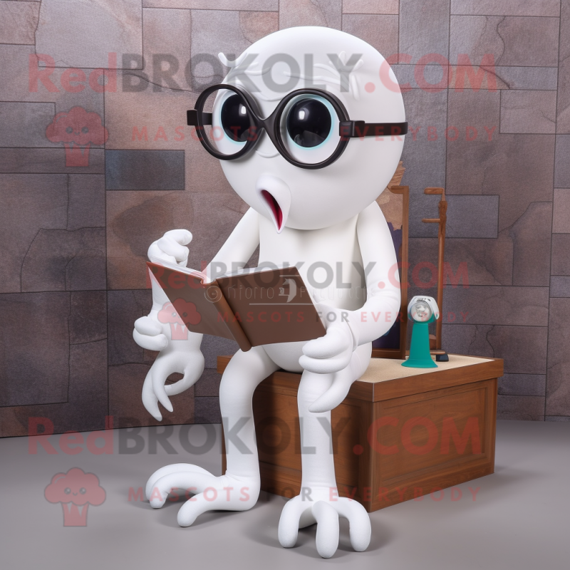 White Kraken mascot costume character dressed with a Romper and Reading glasses