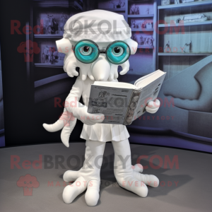 White Kraken mascot costume character dressed with a Romper and Reading glasses