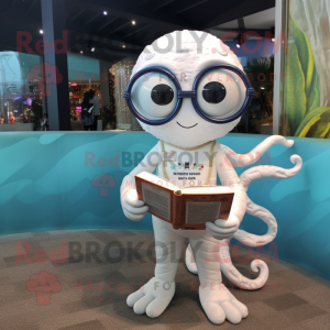 White Kraken mascot costume character dressed with a Romper and Reading glasses