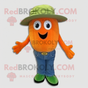 Orange Cucumber mascot costume character dressed with a Jeans and Berets