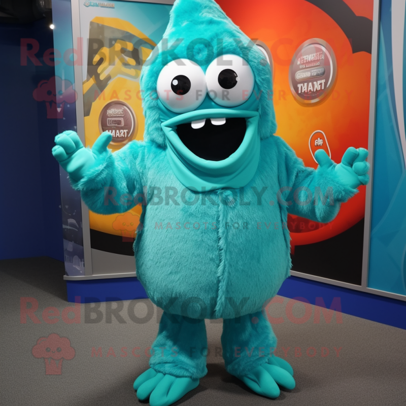 Turquoise Fried Calamari mascot costume character dressed with a Parka and Tie pins Turquoise Fried Calamari mascot costume character dressed with a Parka and Tie pins