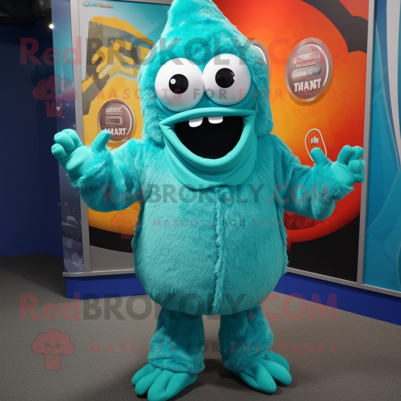 Turquoise Fried Calamari mascot costume character dressed with a Parka and Tie pins