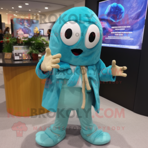 Turquoise Fried Calamari mascot costume character dressed with a Parka and Tie pins