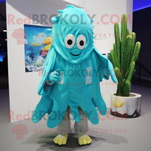 Turquoise Fried Calamari mascot costume character dressed with a Parka and Tie pins