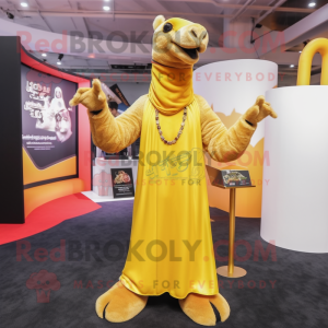 Yellow Camel mascot costume character dressed with a Long Sleeve Tee and Shawl pins