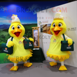 Lemon Yellow Roosters mascot costume character dressed with a Bermuda Shorts and Messenger bags