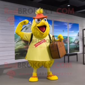 Lemon Yellow Roosters mascot costume character dressed with a Bermuda Shorts and Messenger bags