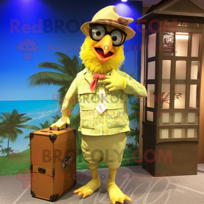 Lemon Yellow Roosters mascot costume character dressed with a Bermuda Shorts and Messenger bags