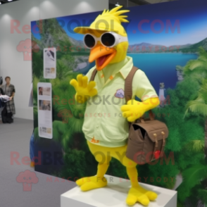 Lemon Yellow Roosters mascot costume character dressed with a Bermuda Shorts and Messenger bags
