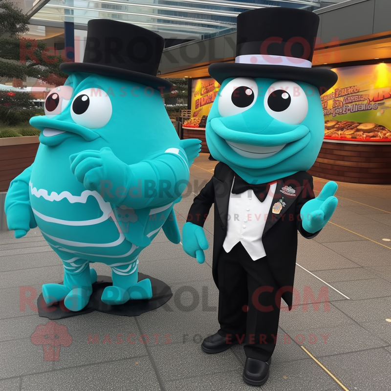 Turquoise Fish And Chips mascot costume character dressed with a Tuxedo and Belts