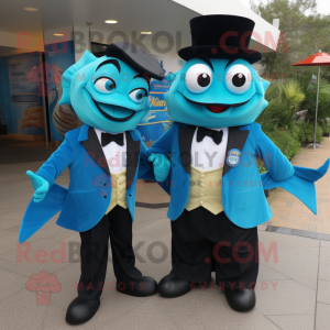 Turquoise Fish And Chips mascot costume character dressed with a Tuxedo and Belts