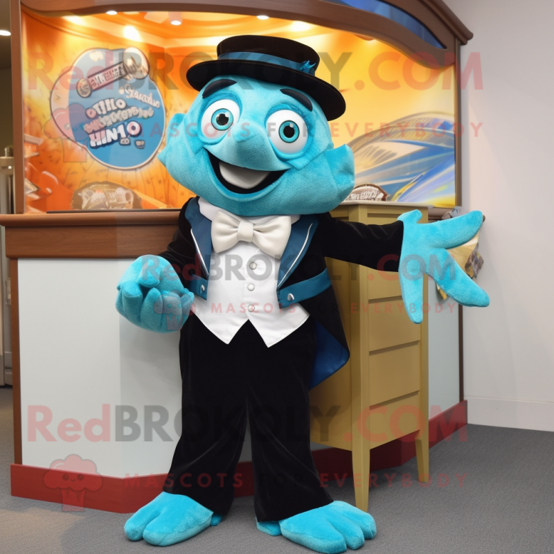 Turquoise Fish And Chips mascot costume character dressed with a Tuxedo and Belts Turquoise Fish And Chips mascot costume character dressed with a Tuxedo and Belts