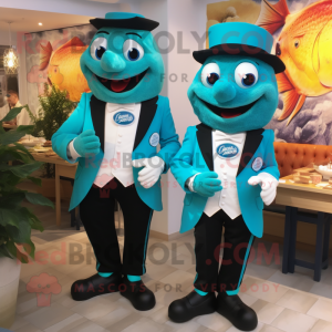 Turquoise Fish And Chips mascot costume character dressed with a Tuxedo and Belts