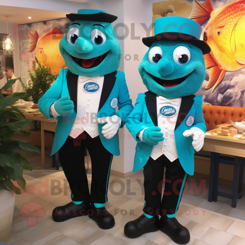 Turquoise Fish And Chips mascot costume character dressed with a Tuxedo and Belts