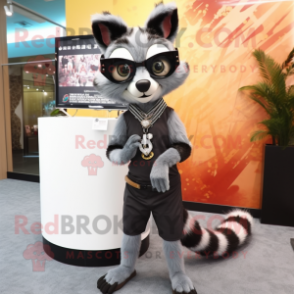 Gray Civet mascot costume character dressed with a Sheath Dress and Sunglasses