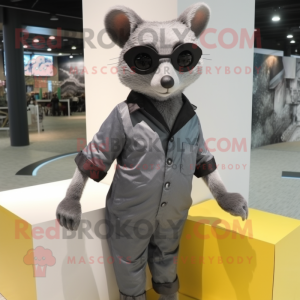 Gray Civet mascot costume character dressed with a Sheath Dress and Sunglasses