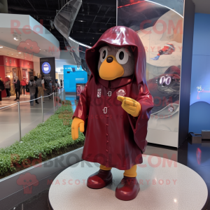 Maroon American Football Helmet mascot costume character dressed with a Raincoat and Necklaces