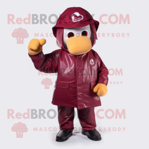 Maroon American Football Helmet mascot costume character dressed with a Raincoat and Necklaces