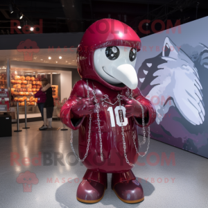 Maroon American Football Helmet mascot costume character dressed with a Raincoat and Necklaces