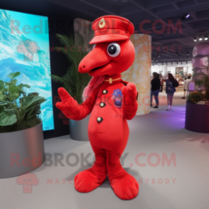 Red Seahorse mascot costume character dressed with a Skinny Jeans and Berets