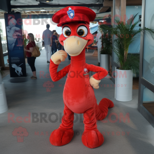 Red Seahorse mascot costume character dressed with a Skinny Jeans and Berets