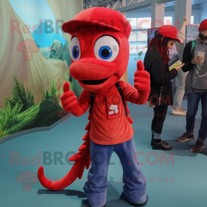 Red Seahorse mascot costume character dressed with a Skinny Jeans and Berets