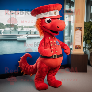 Red Seahorse mascot costume character dressed with a Skinny Jeans and Berets