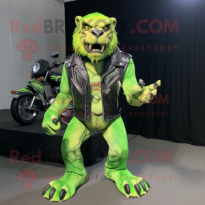 Lime Green Smilodon mascot costume character dressed with a Biker Jacket and Anklets