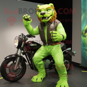 Lime Green Smilodon mascot costume character dressed with a Biker Jacket and Anklets