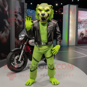 Lime Green Smilodon mascot costume character dressed with a Biker Jacket and Anklets