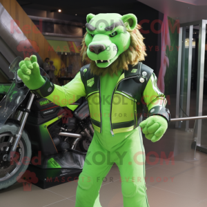 Lime Green Smilodon mascot costume character dressed with a Biker Jacket and Anklets