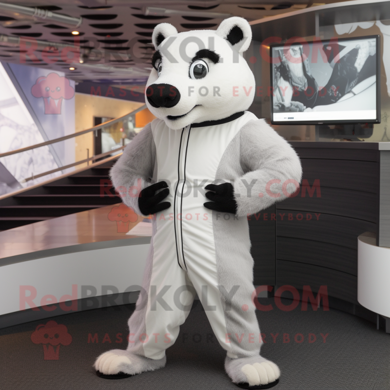 White Badger mascot costume character dressed with a Jumpsuit and Cummerbunds White Badger mascot costume character dressed with a Jumpsuit and Cummerbunds