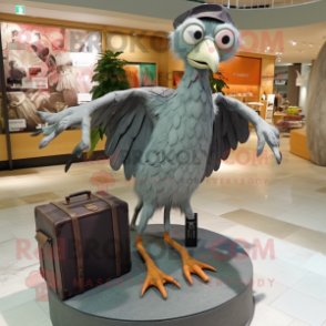 Gray Archeopteryx mascot costume character dressed with a Midi Dress and Briefcases