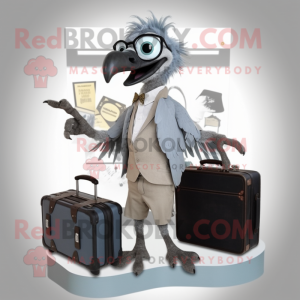 Gray Archeopteryx mascot costume character dressed with a Midi Dress and Briefcases