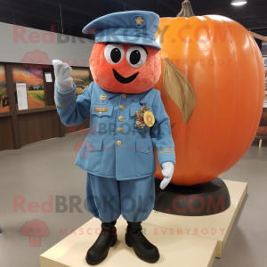 Peach American Soldier mascot costume character dressed with a Denim Shirt and Shawls