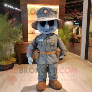 Peach American Soldier mascot costume character dressed with a Denim Shirt and Shawls