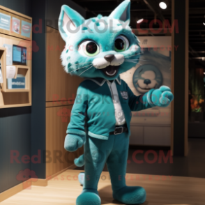 Teal Cat mascot costume character dressed with a Poplin Shirt and Watches