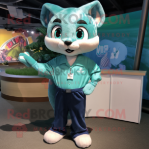 Teal Cat mascot costume character dressed with a Poplin Shirt and Watches