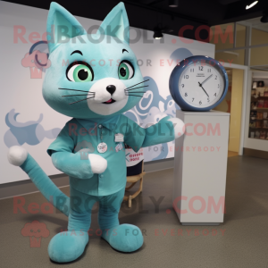 Teal Cat mascot costume character dressed with a Poplin Shirt and Watches