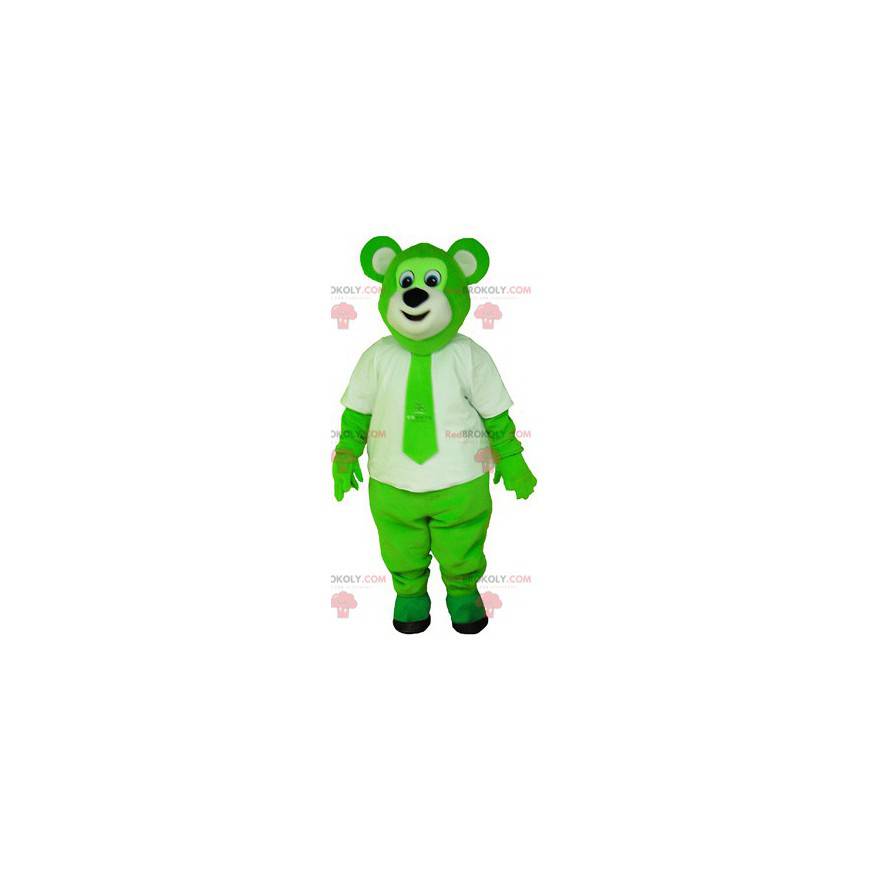 Mascote urso verde peludo e colorido com gravata -