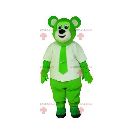 Mascote urso verde peludo e colorido com gravata -